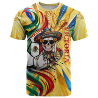 Personalized Mexico Football Victoria Sugar Skull T Shirt Dia De Los Muertos Cultural Art Sunburst
