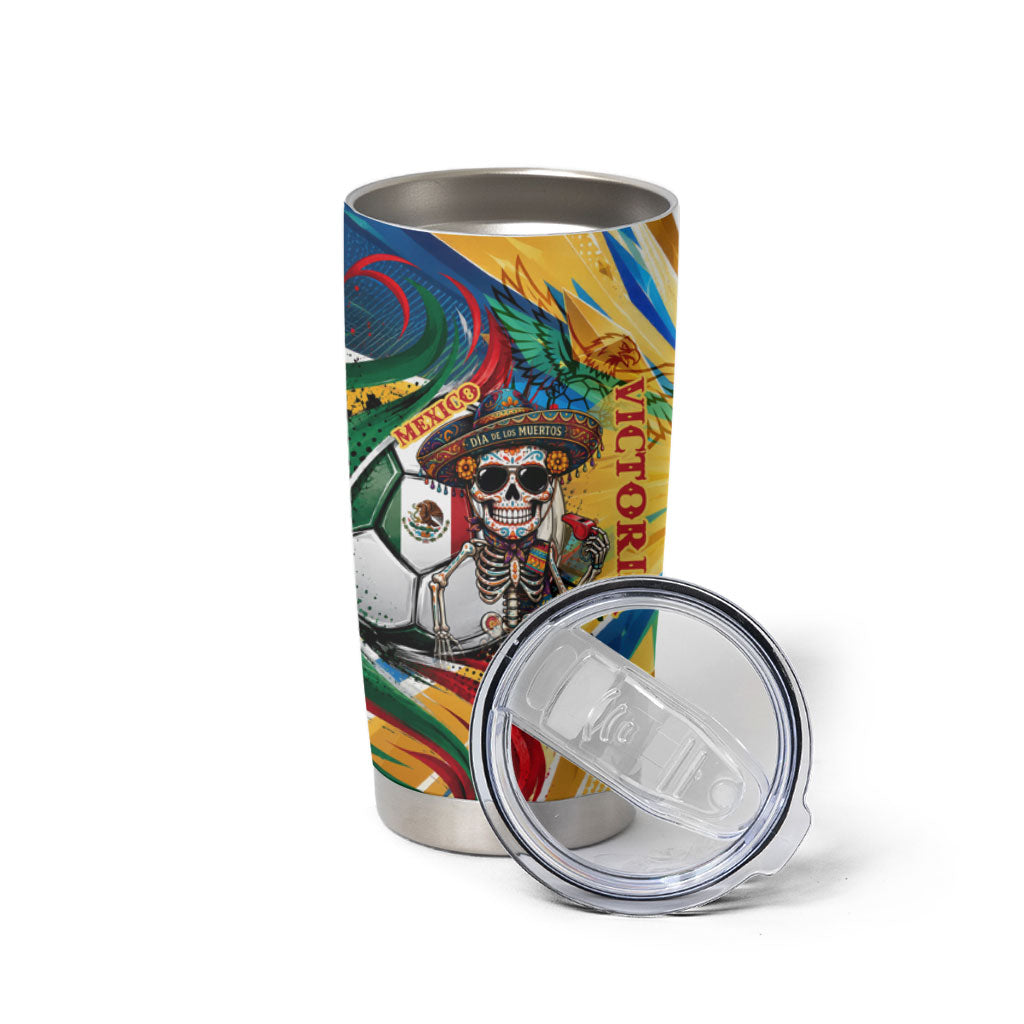 Personalized Mexico Football Victoria Sugar Skull Tumbler Cup Dia De Los Muertos Cultural Art Sunburst