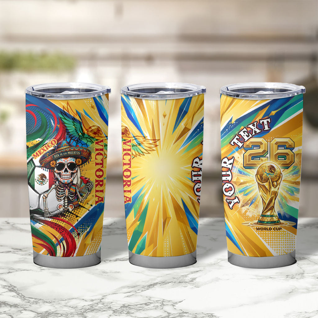 Personalized Mexico Football Victoria Sugar Skull Tumbler Cup Dia De Los Muertos Cultural Art Sunburst