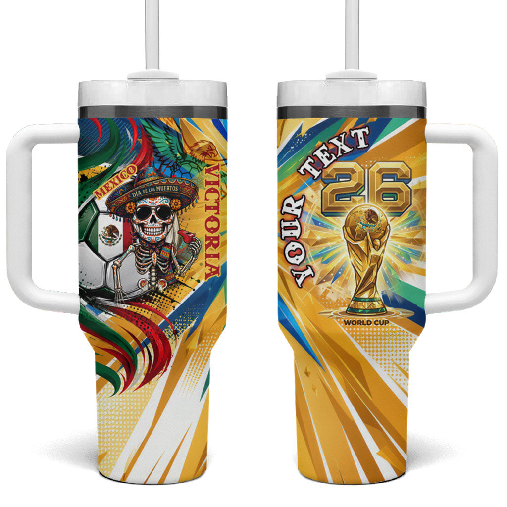 Personalized Mexico Football Victoria Sugar Skull Tumbler With Handle Dia De Los Muertos Cultural Art Sunburst
