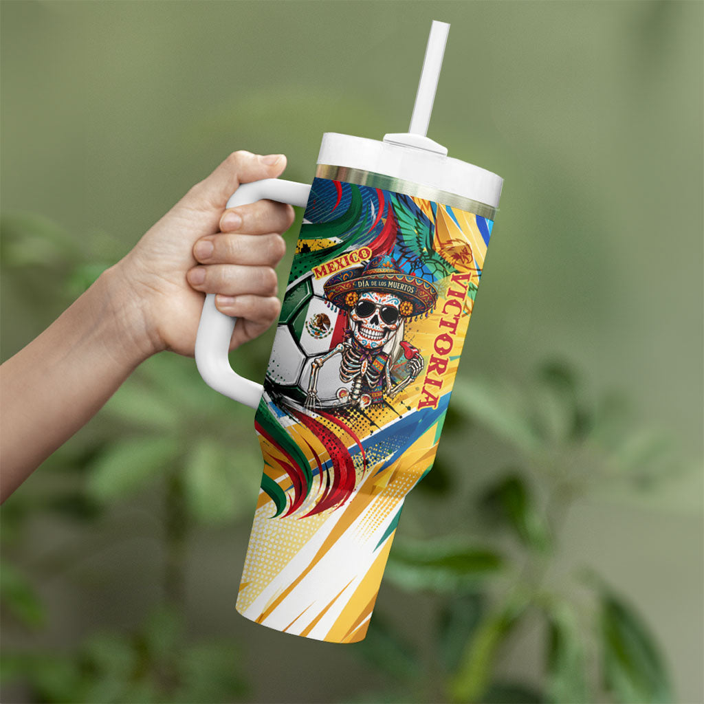 Personalized Mexico Football Victoria Sugar Skull Tumbler With Handle Dia De Los Muertos Cultural Art Sunburst