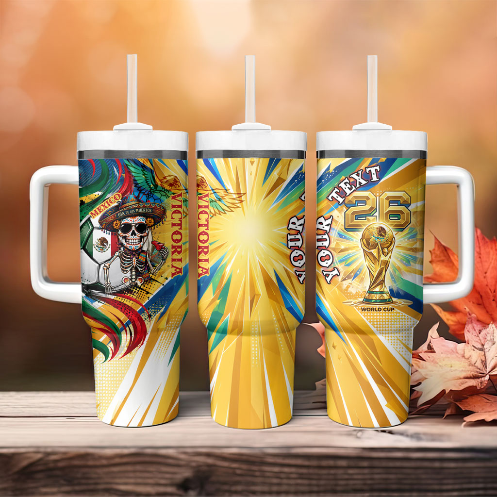 Personalized Mexico Football Victoria Sugar Skull Tumbler With Handle Dia De Los Muertos Cultural Art Sunburst