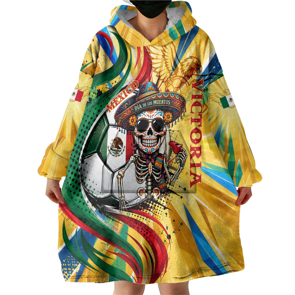 Personalized Mexico Football Victoria Sugar Skull Wearable Blanket Hoodie Dia De Los Muertos Cultural Art Sunburst