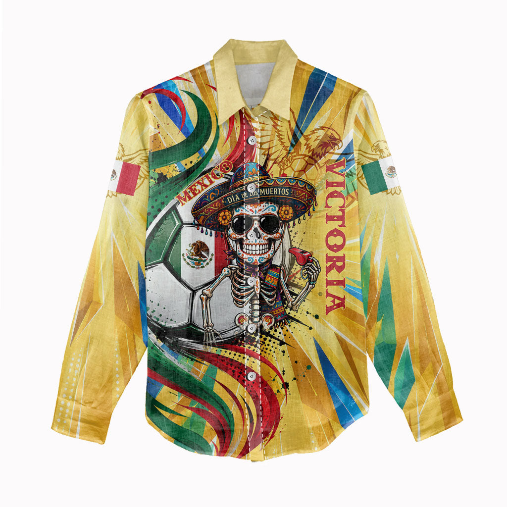 Personalized Mexico Football Victoria Sugar Skull Women Casual Shirt Dia De Los Muertos Cultural Art Sunburst