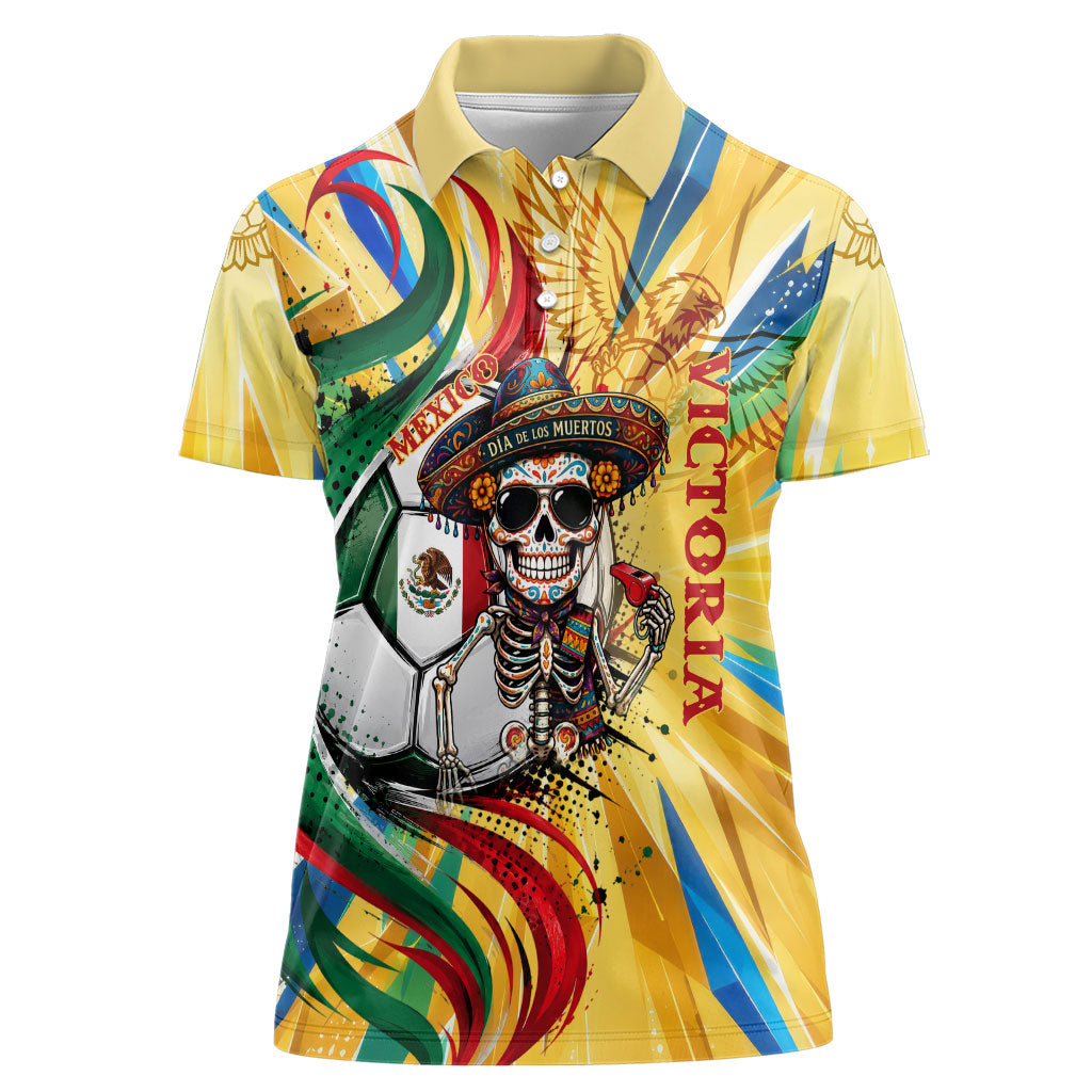 Personalized Mexico Football Victoria Sugar Skull Women Polo Shirt Dia De Los Muertos Cultural Art Sunburst