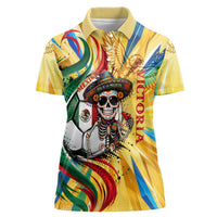 Personalized Mexico Football Victoria Sugar Skull Women Polo Shirt Dia De Los Muertos Cultural Art Sunburst