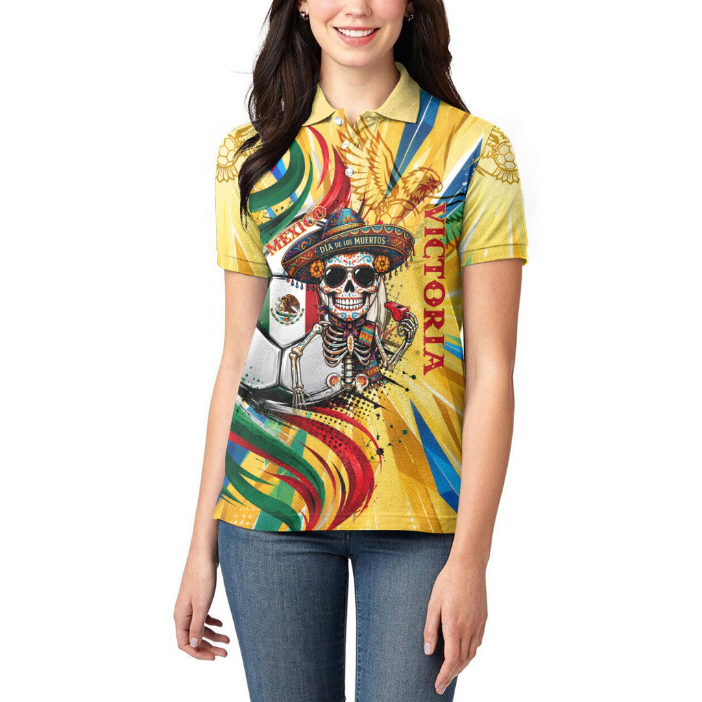 Personalized Mexico Football Victoria Sugar Skull Women Polo Shirt Dia De Los Muertos Cultural Art Sunburst