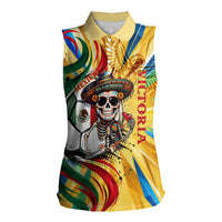 Personalized Mexico Football Victoria Sugar Skull Women Sleeveless Polo Shirt Dia De Los Muertos Cultural Art Sunburst