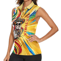 Personalized Mexico Football Victoria Sugar Skull Women Sleeveless Polo Shirt Dia De Los Muertos Cultural Art Sunburst