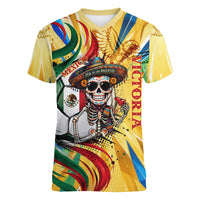 Personalized Mexico Football Victoria Sugar Skull Women V-Neck T-Shirt Dia De Los Muertos Cultural Art Sunburst