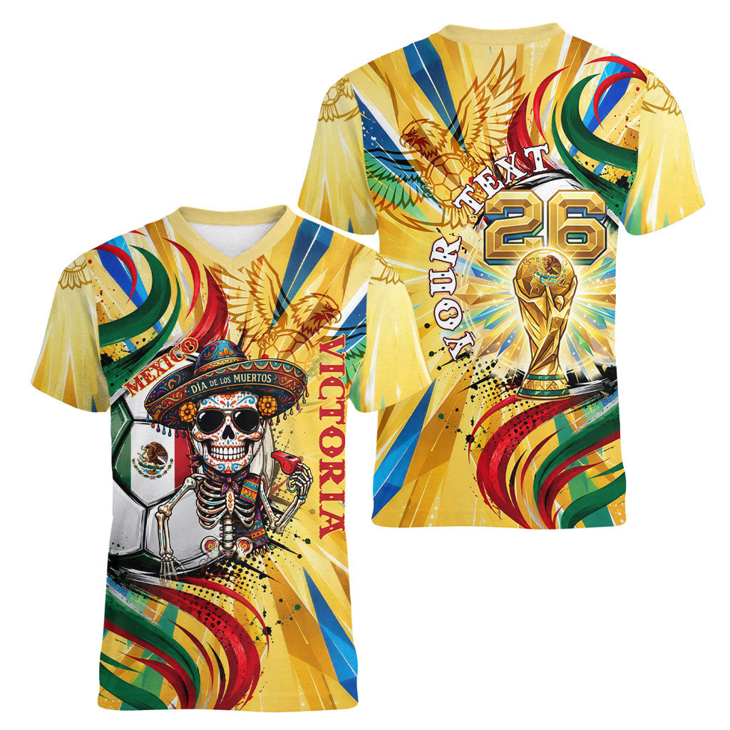 Personalized Mexico Football Victoria Sugar Skull Women V-Neck T-Shirt Dia De Los Muertos Cultural Art Sunburst