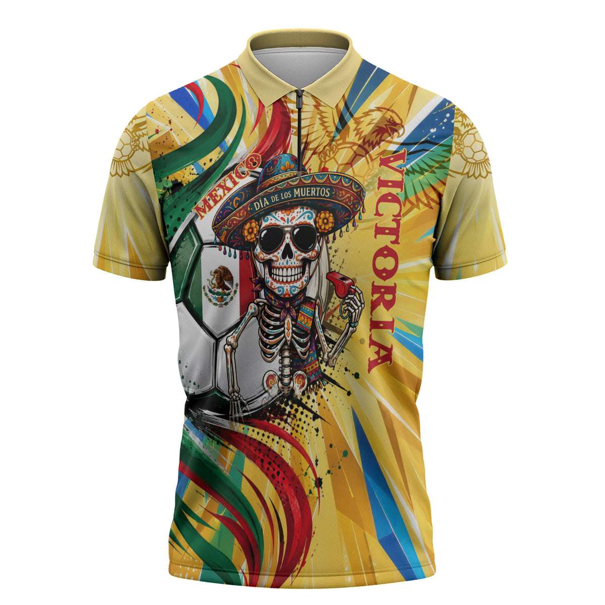Personalized Mexico Football Victoria Sugar Skull Zipper Polo Shirt Dia De Los Muertos Cultural Art Sunburst