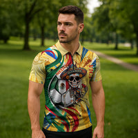 Personalized Mexico Football Victoria Sugar Skull Zipper Polo Shirt Dia De Los Muertos Cultural Art Sunburst