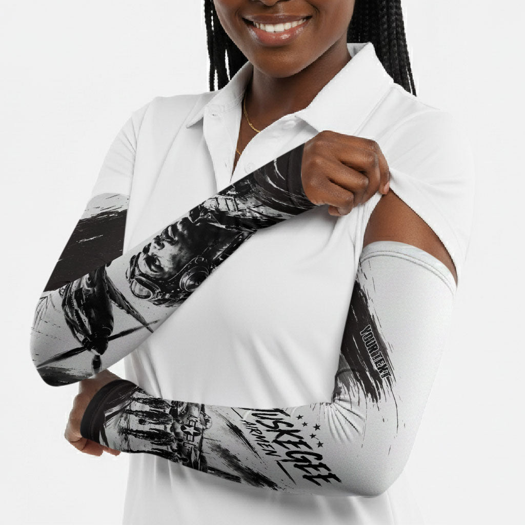 Personalized Tuskegee Airmen Arm Sleeves Black And White Grunge WWII Aviation Art