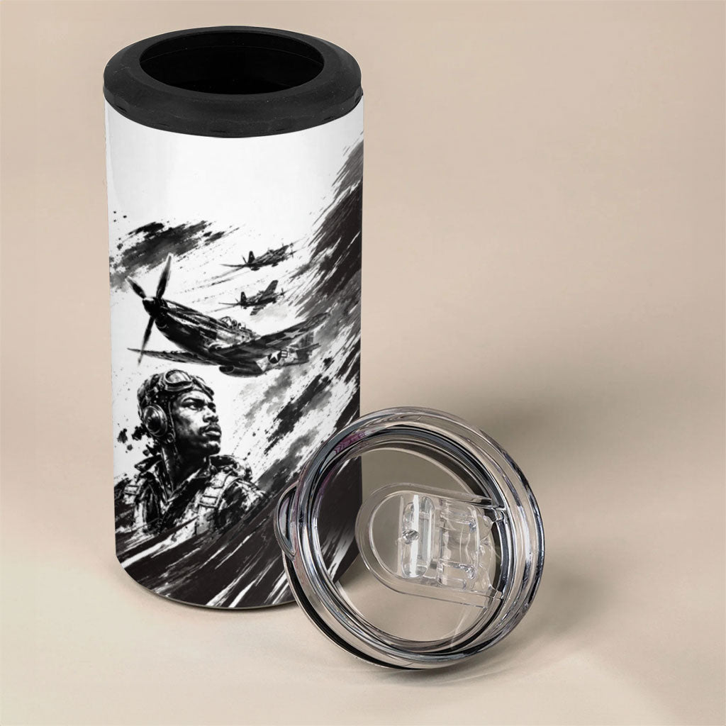 Personalized Tuskegee Airmen 4 in 1 Can Cooler Tumbler Black And White Grunge WWII Aviation Art