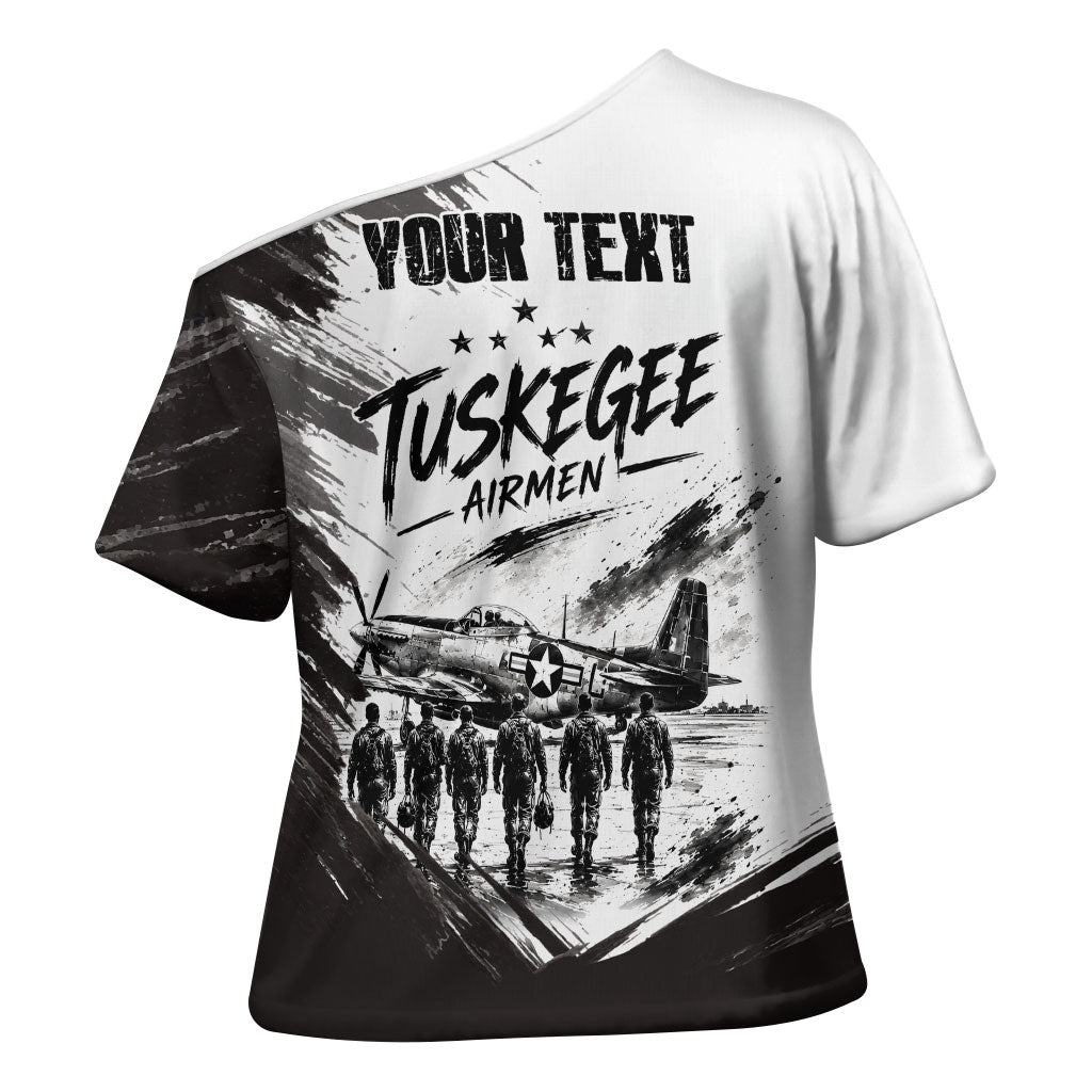 Personalized Tuskegee Airmen Cross Shoulder Shirt Black And White Grunge WWII Aviation Art