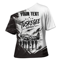 Personalized Tuskegee Airmen Cross Shoulder Shirt Black And White Grunge WWII Aviation Art