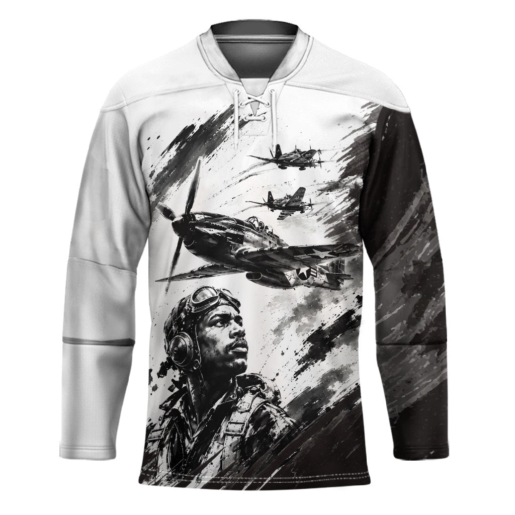 Personalized Tuskegee Airmen Hockey Jersey Black And White Grunge WWII Aviation Art