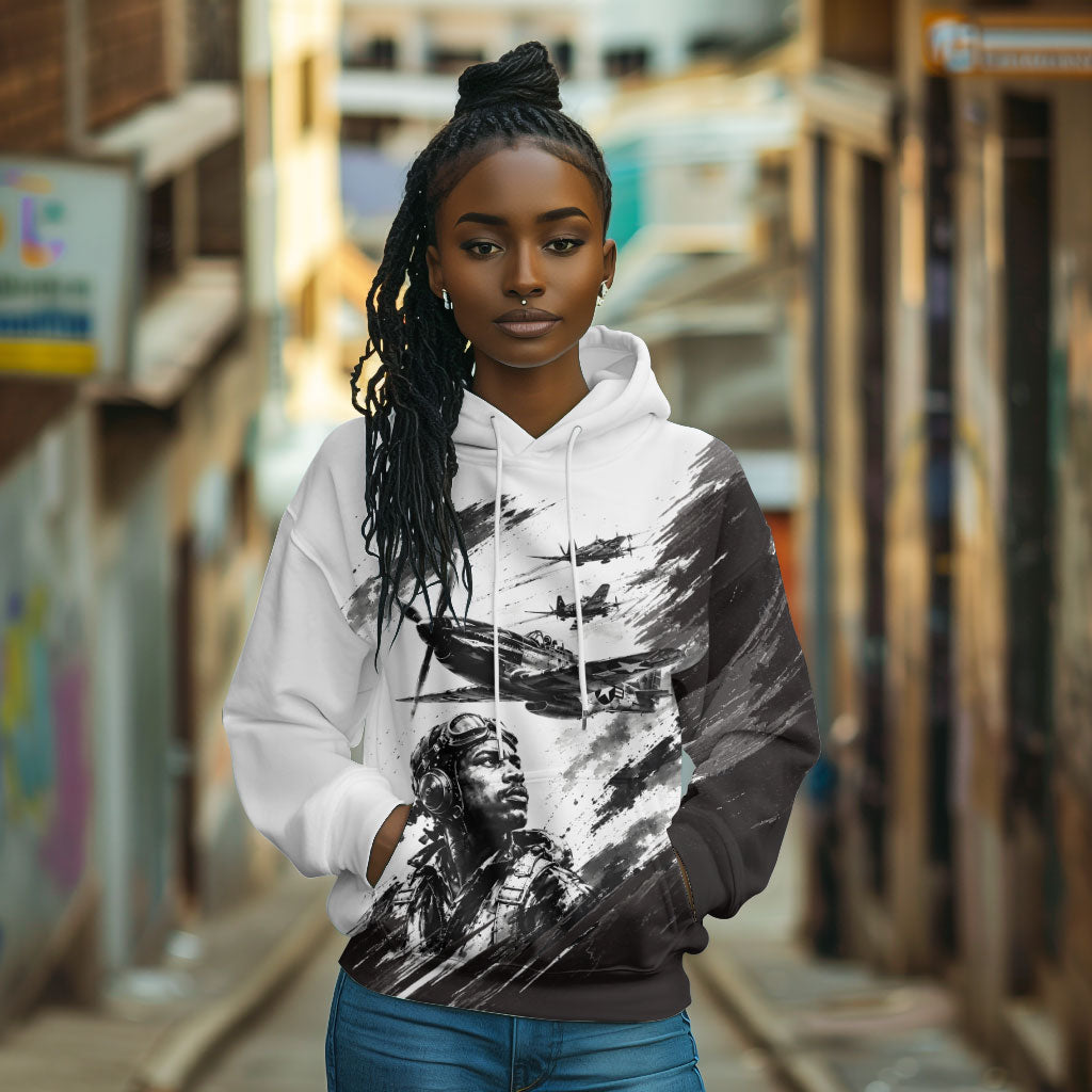 Personalized Tuskegee Airmen Hoodie Black And White Grunge WWII Aviation Art