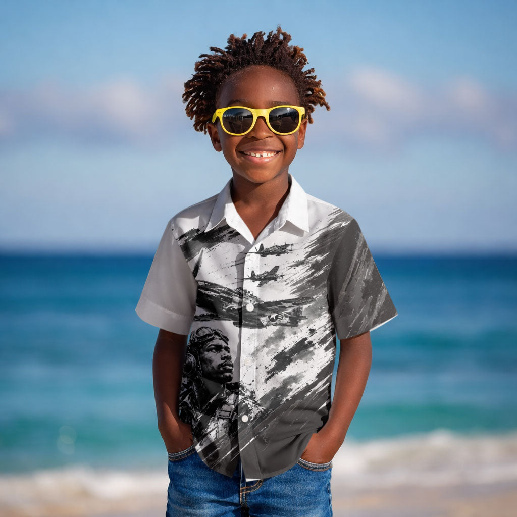 Personalized Tuskegee Airmen Kid Hawaiian Shirt Black And White Grunge WWII Aviation Art