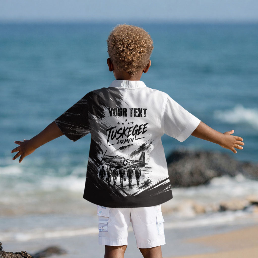 Personalized Tuskegee Airmen Kid Hawaiian Shirt Black And White Grunge WWII Aviation Art