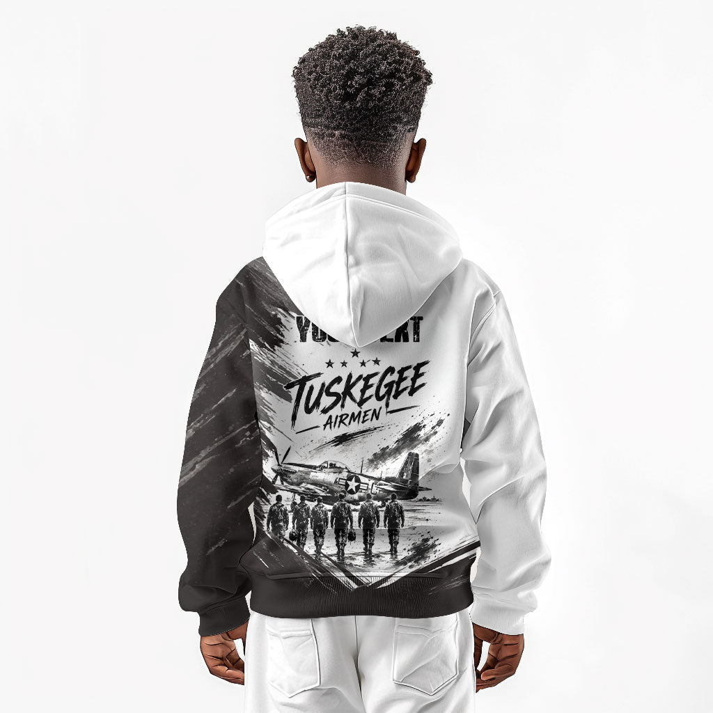 Personalized Tuskegee Airmen Kid Hoodie Black And White Grunge WWII Aviation Art