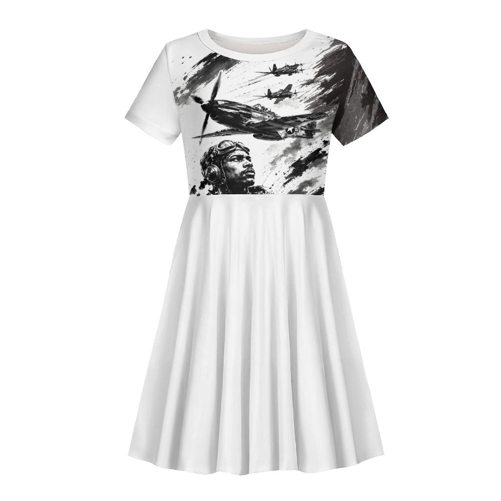 Personalized Tuskegee Airmen Kid Short Sleeve Dress Black And White Grunge WWII Aviation Art