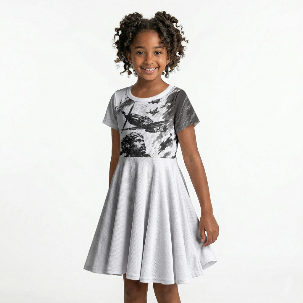 Personalized Tuskegee Airmen Kid Short Sleeve Dress Black And White Grunge WWII Aviation Art