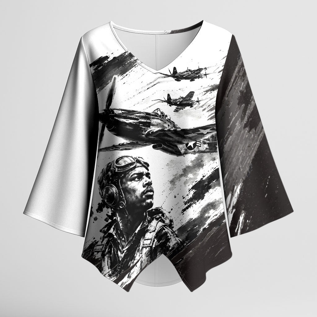 Personalized Tuskegee Airmen Kimono Sleeve Blouse Black And White Grunge WWII Aviation Art