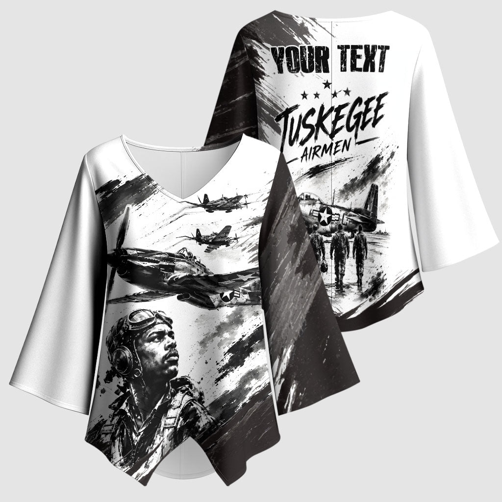 Personalized Tuskegee Airmen Kimono Sleeve Blouse Black And White Grunge WWII Aviation Art