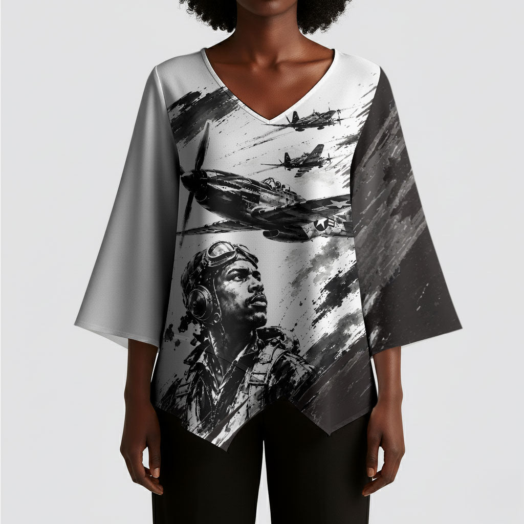 Personalized Tuskegee Airmen Kimono Sleeve Blouse Black And White Grunge WWII Aviation Art