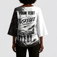 Personalized Tuskegee Airmen Kimono Sleeve Blouse Black And White Grunge WWII Aviation Art