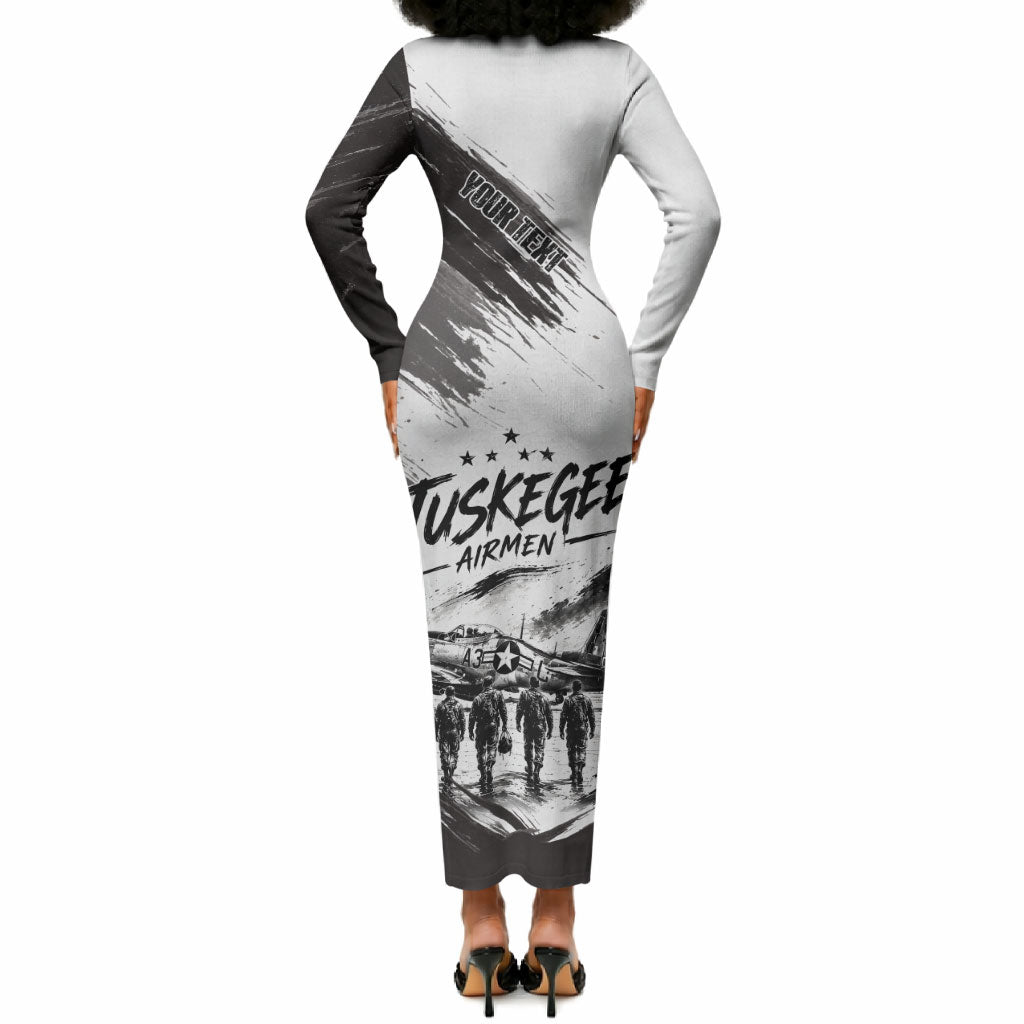 Personalized Tuskegee Airmen Long Sleeve Bodycon Dress Black And White Grunge WWII Aviation Art