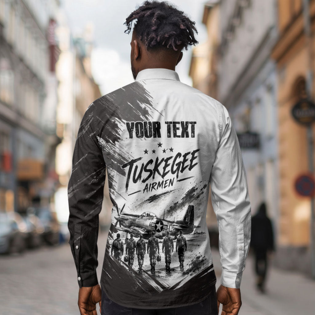 Personalized Tuskegee Airmen Long Sleeve Button Shirt Black And White Grunge WWII Aviation Art