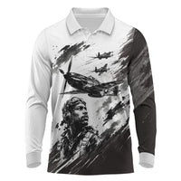 Personalized Tuskegee Airmen Long Sleeve Polo Shirt Black And White Grunge WWII Aviation Art