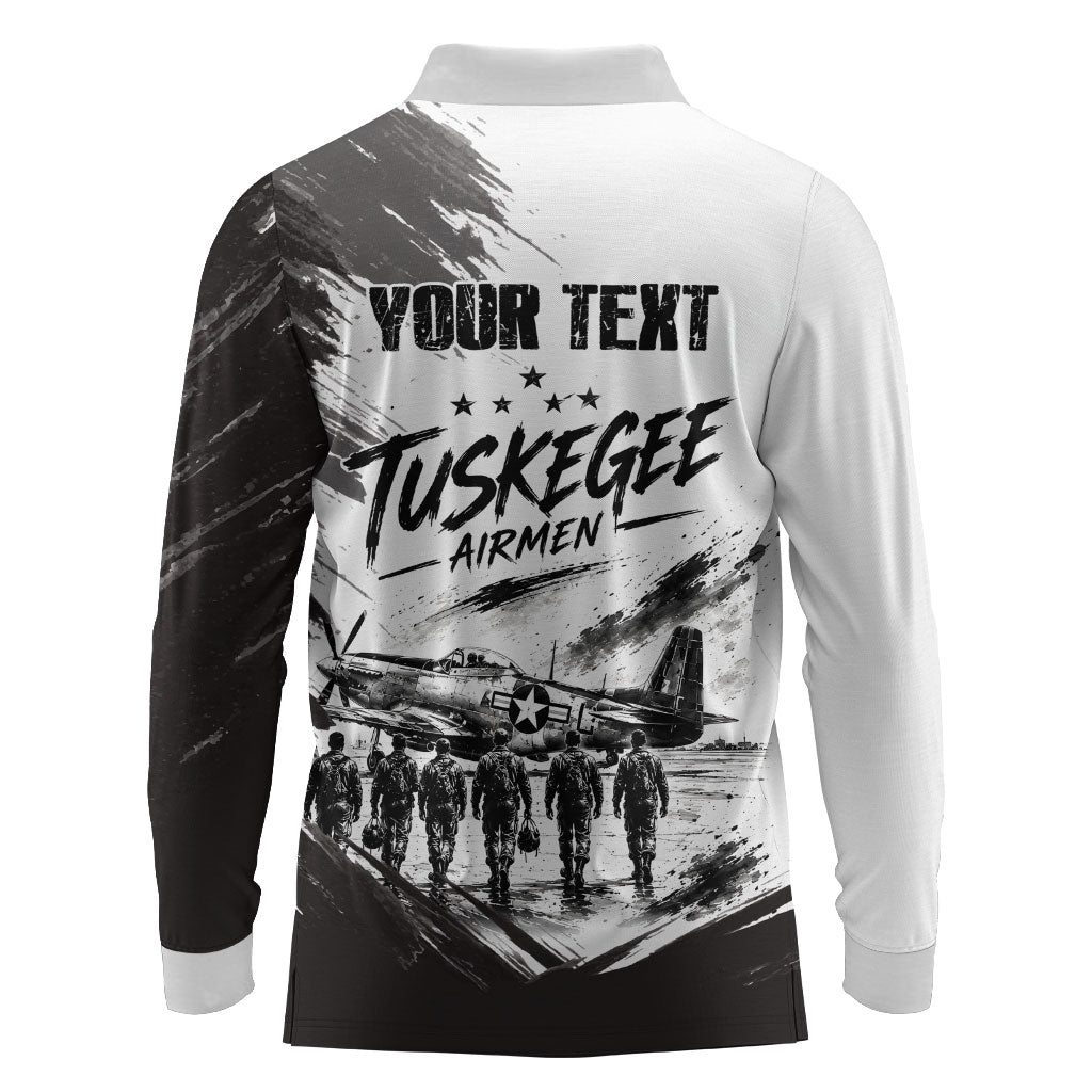 Personalized Tuskegee Airmen Long Sleeve Polo Shirt Black And White Grunge WWII Aviation Art