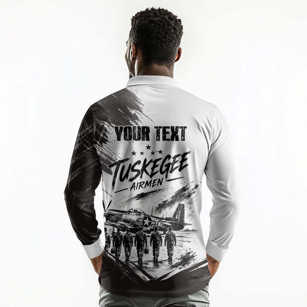 Personalized Tuskegee Airmen Long Sleeve Polo Shirt Black And White Grunge WWII Aviation Art