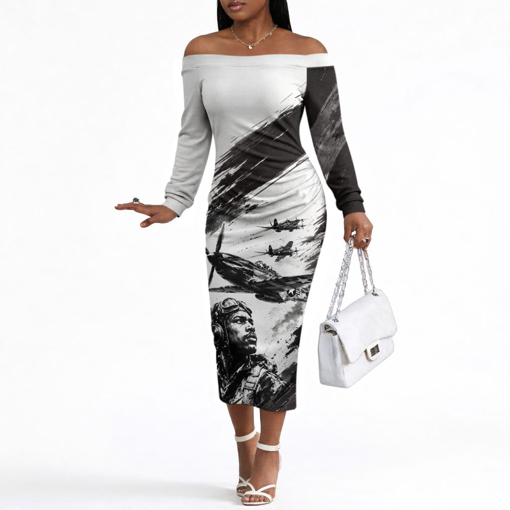 Personalized Tuskegee Airmen Off The Shoulder Long Sleeve Dress Black And White Grunge WWII Aviation Art