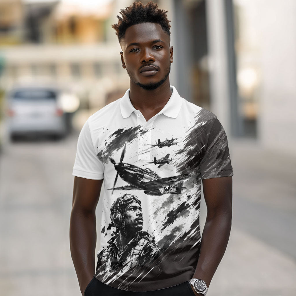Personalized Tuskegee Airmen Polo Shirt Black And White Grunge WWII Aviation Art