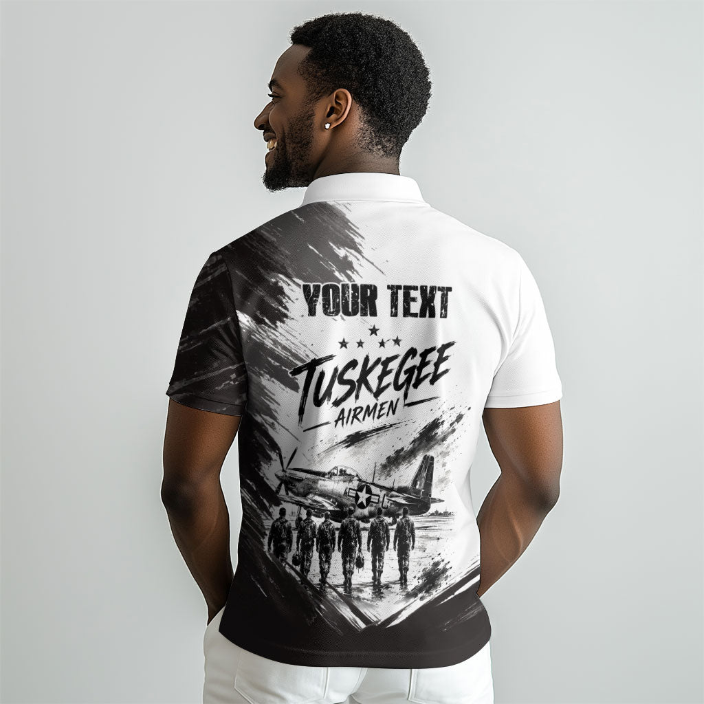 Personalized Tuskegee Airmen Polo Shirt Black And White Grunge WWII Aviation Art