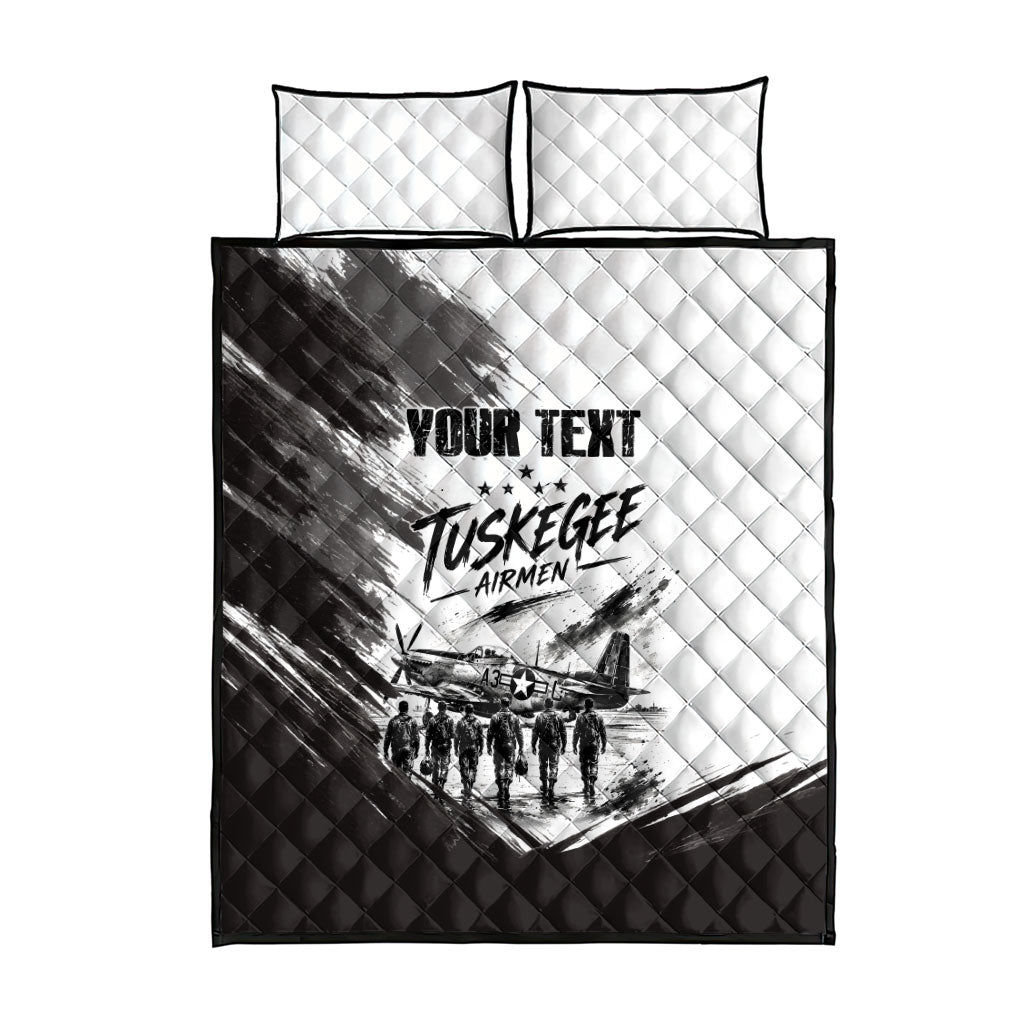 Personalized Tuskegee Airmen Quilt Bed Set Black And White Grunge WWII Aviation Art
