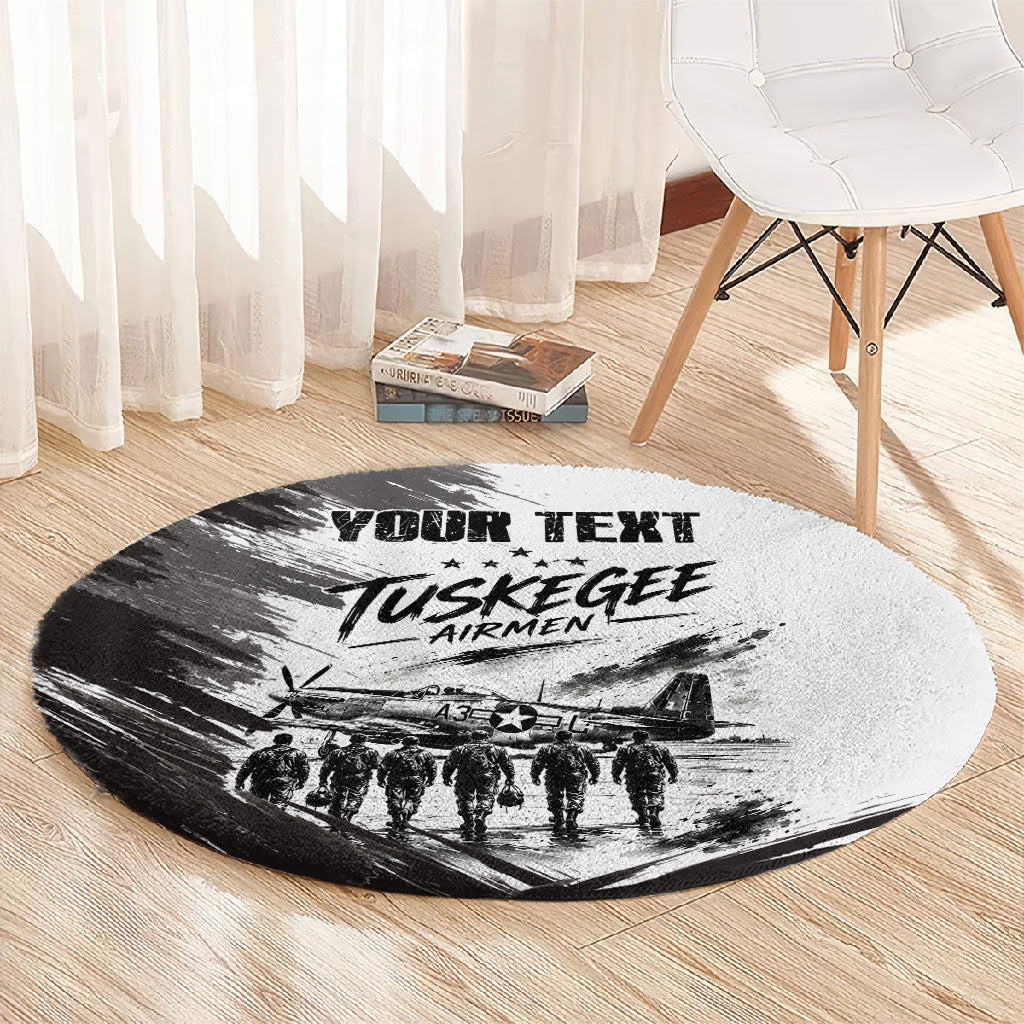 Personalized Tuskegee Airmen Round Carpet Black And White Grunge WWII Aviation Art