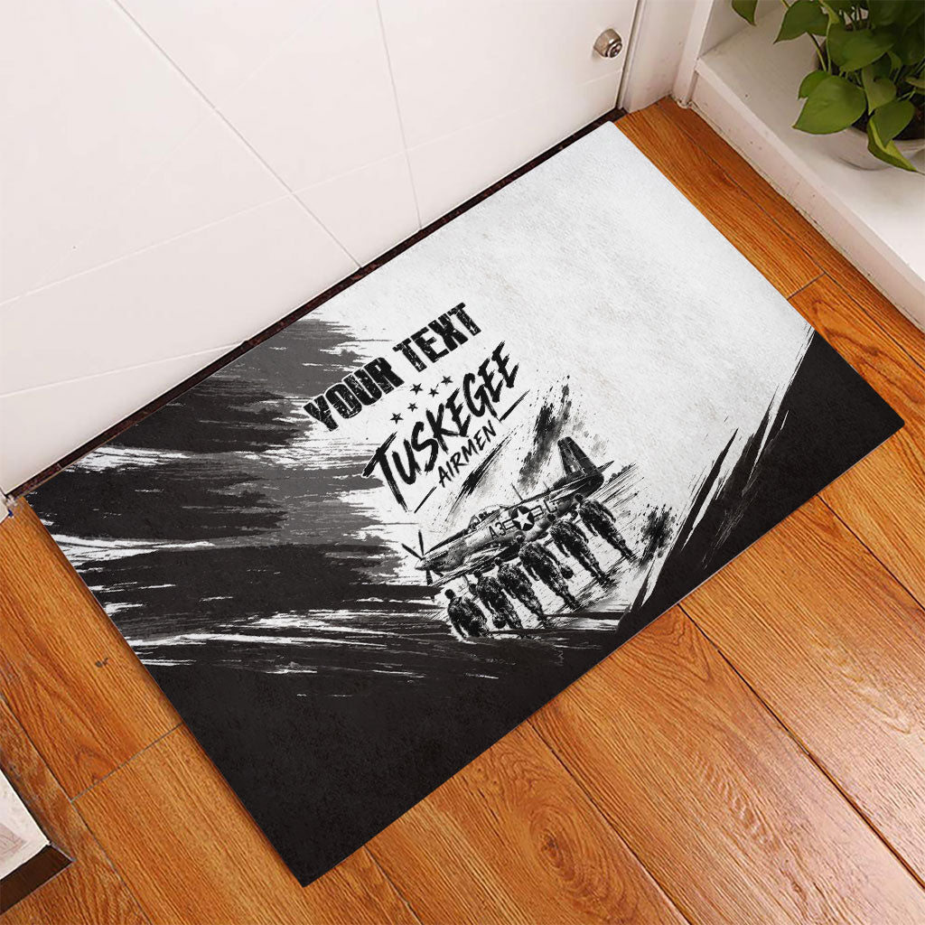 Personalized Tuskegee Airmen Rubber Doormat Black And White Grunge WWII Aviation Art