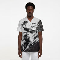 Personalized Tuskegee Airmen Scrub Top Black And White Grunge WWII Aviation Art