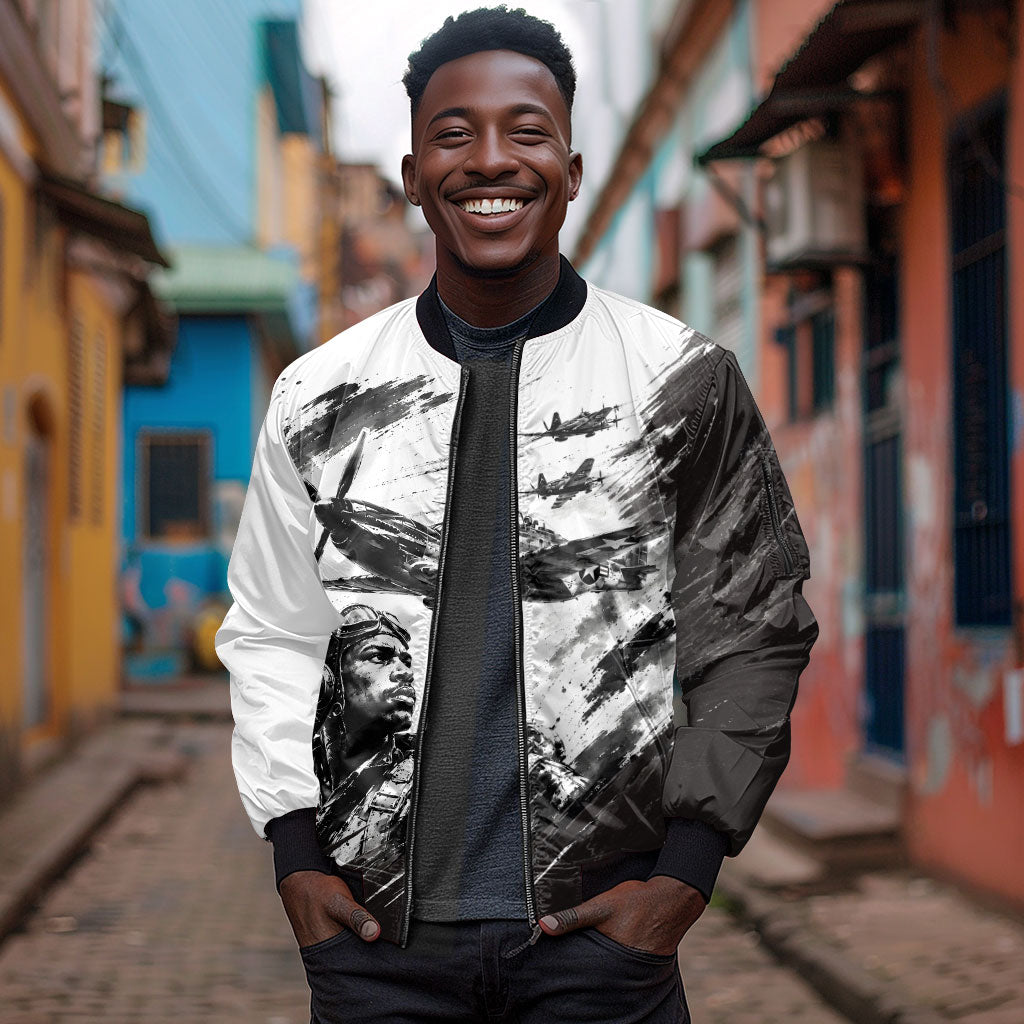 Personalized Tuskegee Airmen Sleeve Zip Bomber Jacket Black And White Grunge WWII Aviation Art