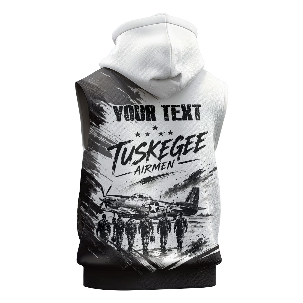 Personalized Tuskegee Airmen Sleeveless Hoodie Black And White Grunge WWII Aviation Art