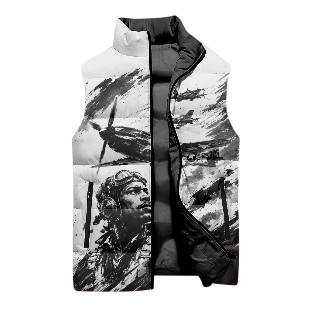 Personalized Tuskegee Airmen Sleeveless Puffer Jacket Black And White Grunge WWII Aviation Art