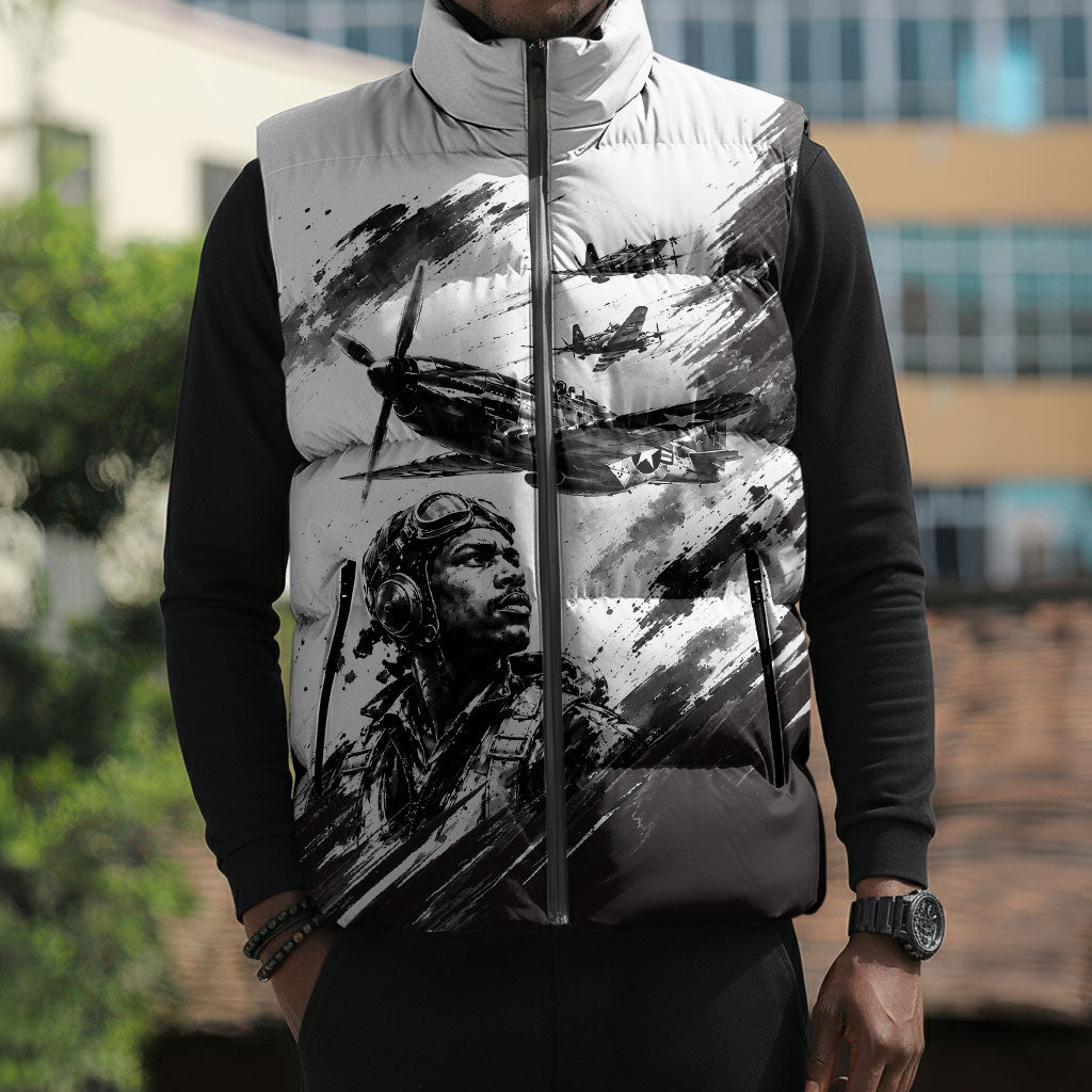 Personalized Tuskegee Airmen Sleeveless Puffer Jacket Black And White Grunge WWII Aviation Art