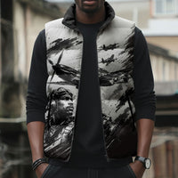 Personalized Tuskegee Airmen Sleeveless Puffer Jacket Black And White Grunge WWII Aviation Art