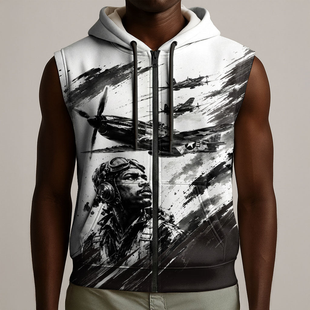 Personalized Tuskegee Airmen Sleeveless Zip Hoodie Black And White Grunge WWII Aviation Art
